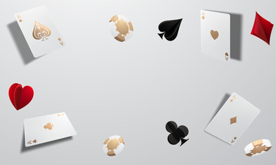 Online casino bonus, slot machine, casino chips flying realistic tokens for gambling, cash for roulette or poker,