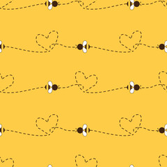 Seamless pattern with bee cartoons and heart line on yellow background vector illustration.