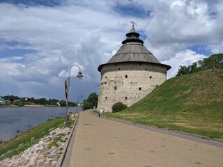 old castle in the village of the country pskov russia ancient tower bricks wall