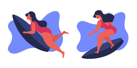 Surfing woman in sea or ocean. Surfer standing on surf board, beach and summer vibes. Tropical hawaii print, surfing girl in swimwear. Sport activity, vacation, holidays.