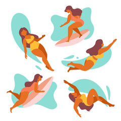 Surfing and swimming woman in sea or ocean. Floating happy girls. Surfer standing on surf board, beach and summer vibes. Tropical hawaii print, surfing girl in swimwear. Sport activity, vacation