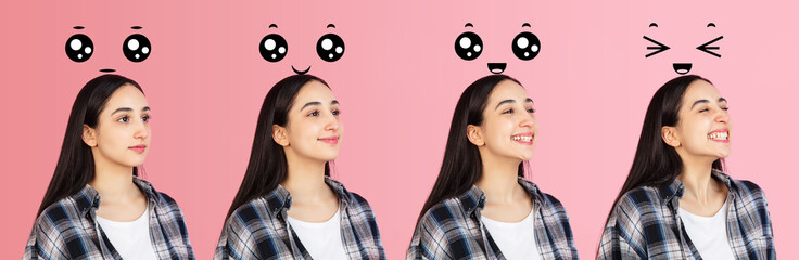 Evolution of emotions. Caucasian young woman's portrait on pink studio background. Concept of human emotions, facial expression, youth, sales, ad.