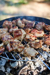 grilled pork skewers with smoke outdoors