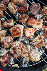 grilled pork skewers with smoke outdoors