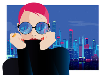 Fashion girl in pop art style in New York City. Vector illustration.