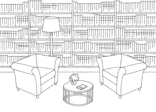 Library interior graphic black white sketch illustration vector 