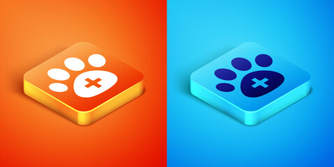 Isometric Veterinary clinic symbol icon isolated on orange and blue background. Cross hospital sign. A stylized paw print dog or cat. Pet First Aid sign. Vector
