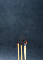 Group of a red match burning isolated with the background. Row burning matchstick in the chain reaction. Matchstick art photography.