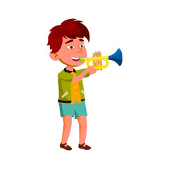 Boy Artist Playing On Trumpet In Orchestra Vector. Asian Child Play On Trumpet Musician Instrument In Musical Classroom. Character Preteen Performing Music Flat Cartoon Illustration