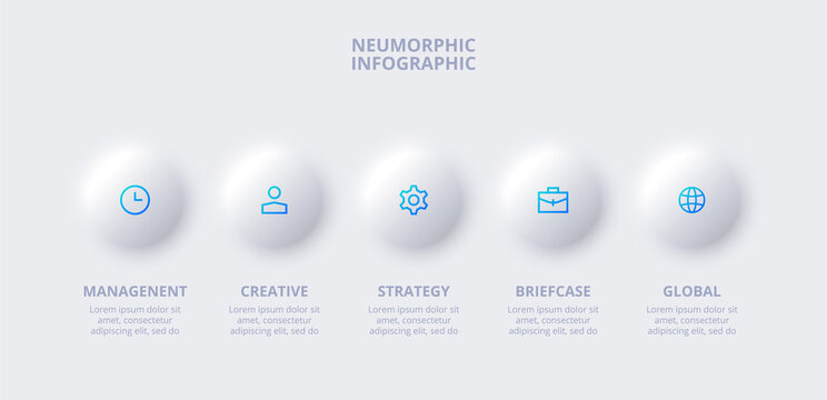 Five neumorphism circle elements in horizontal row for infographic and presentation. Concept of 5 steps of business development process