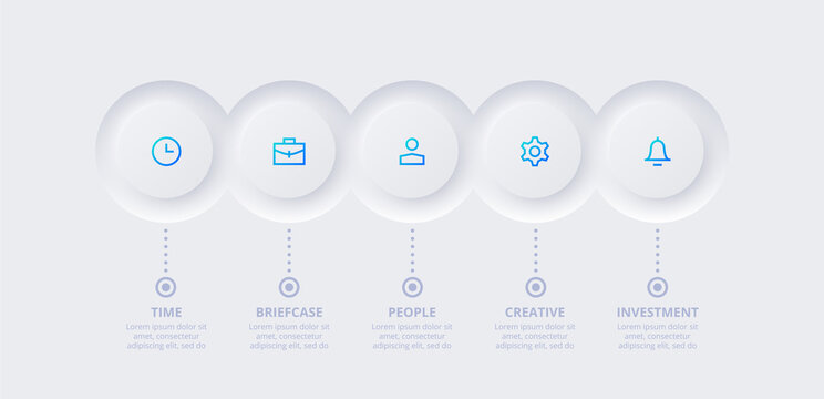 Neumorphic infographic elements. Five circles placed in horizontal row. Concept of 5 steps of business development process