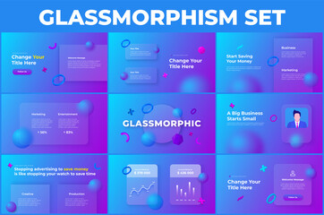 Nine slides with glassmorphism style. Infographic illustration. Template for business presentation