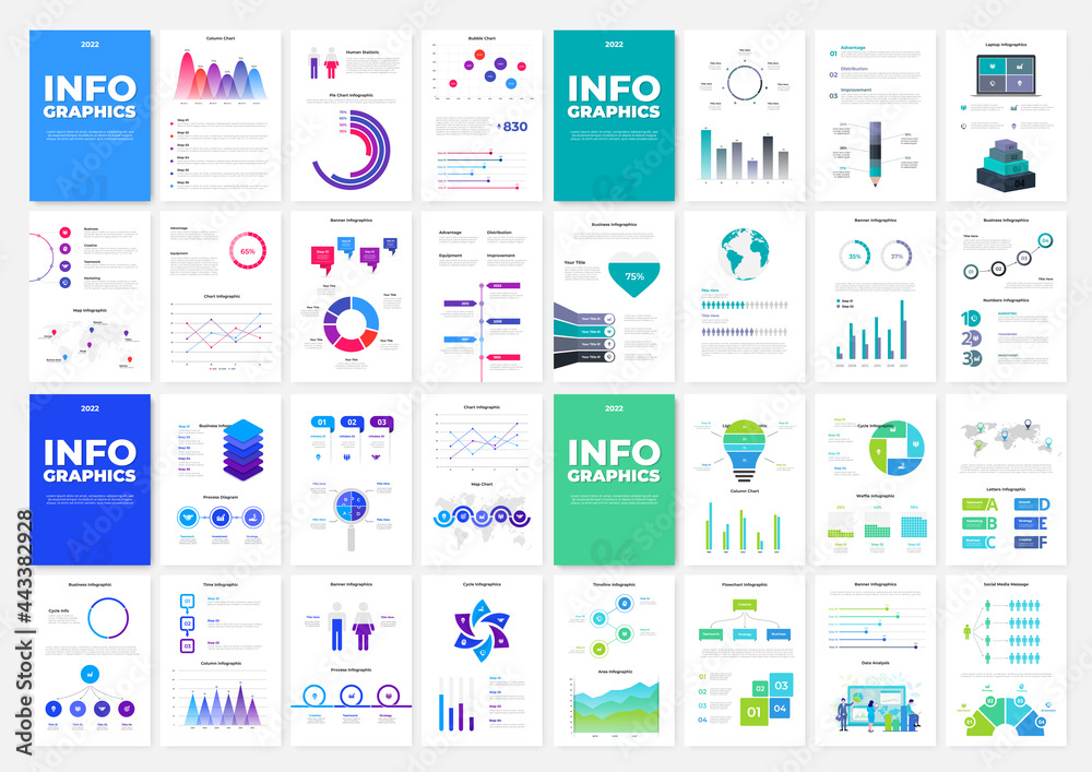Poster Set of four infographic brochure templates. Vertical A4 pages with charts, diagrams and workflow elements. Vector illustration for presentation or statistical report