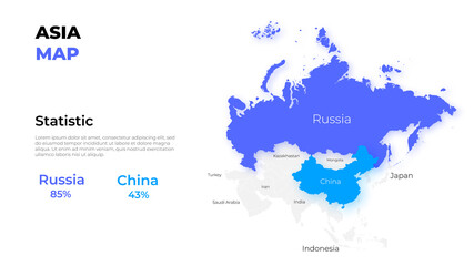 Naklejka premium Asia vector map infographic template divided by countries. Slide presentation. Statistic elements