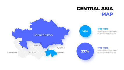 Central Asia vector map infographic template divided by countries. Slide presentation. Statistic elements