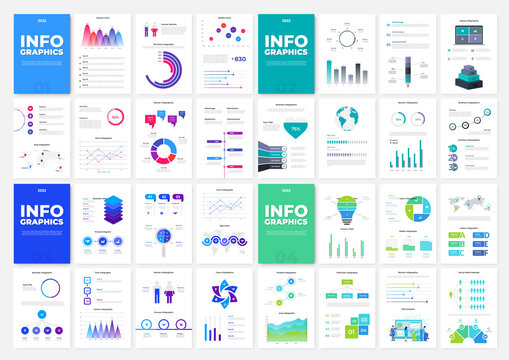 Set of four infographic brochure templates. Vertical A4 pages with charts, diagrams and workflow elements. Vector illustration for presentation or statistical report