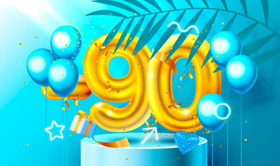 90 Off. Discount creative composition. 3d Golden sale symbol with decorative objects, heart shaped balloons, golden confetti, podium and gift box. Sale banner and poster. Vector