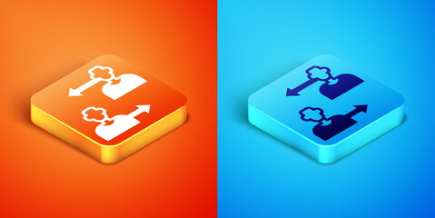 Isometric Substitution football player icon isolated on orange and blue background. Players exchange in association soccer. Vector