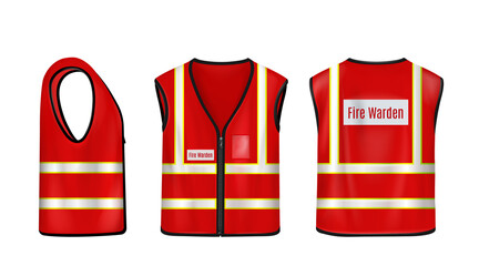 Fire warden safety vest front, side and back view, red sleeveless jacket with reflective stripes for firefighters, waistcoat mockup with fluorescent elements Realistic 3d vector illustration, mock up