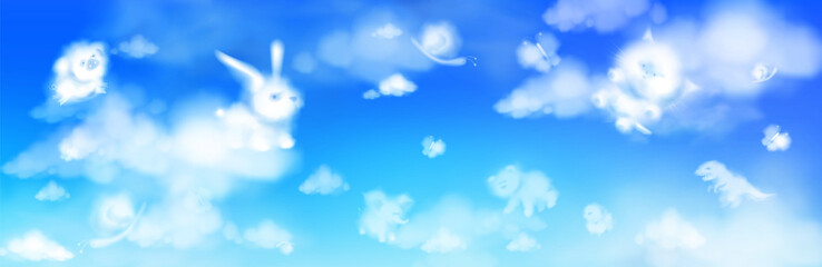 Cloud animals flying in blue sky, fluffy eddies in shape of cute rabbit, bear, elephant and pig with chick and snail or cat with dinosaur, weather and nature concept, realistic 3d vector illustration © klyaksun