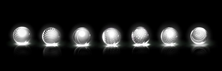 Energy bubble shields, shiny protection force fields. Vector realistic set of 3d safety power barrier, magic glass sphere with white pattern and glow isolated on black background