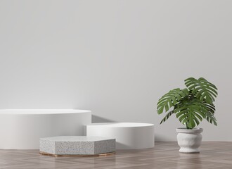 White podium for product display showcase with monstera pot decoration 3d rendering