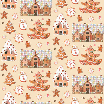 Seamless pattern of watercolor ginger bread houses, Christmas tree and snowman on the beige background.