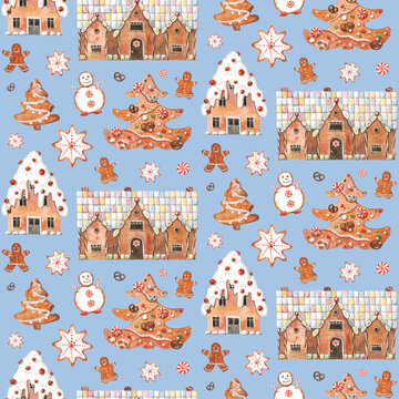 Seamless pattern of watercolor ginger bread houses, Christmas tree and snowman on the blue background.