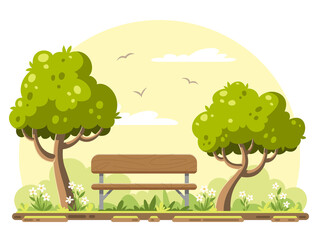 Bench with trees in the garden, summer landscape. Vector illustration in modern cartoon style. 