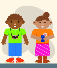 Tourists. Drawn characters with a photo camera. Flat design.