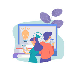 People study with smartphones. Remote education, distance language courses for every. Guys watch tutorials, webinars or trainings vector concept