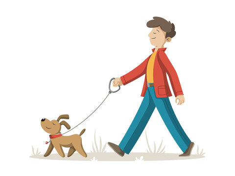 Man walks with his dog. Vector illustration in modern cartoon style. 