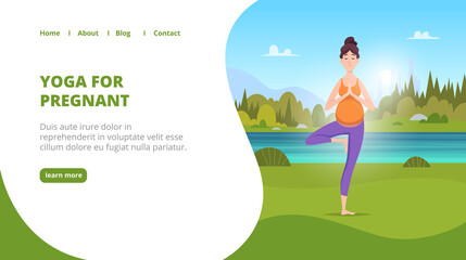 Outdoor yoga landing. Pregnant women making yoga exercises in green park fitness for healthy mother lifestyle exact vector illustration for business web page