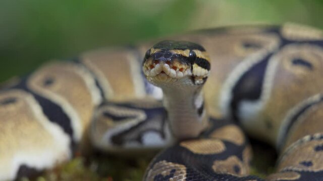 Snake close-up. The boa constrictor raises its head and looks at the camera. 4K UHD