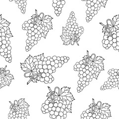 Seamless pattern of bunches of grapes on a white background.Vector fruit pattern can be used in menus,wineries, stores, packaging, wallpaper.