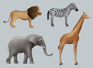 Wild african animals. Lion elephant zebra giraffe safari travelling outdoor collection decent vector realistic animals