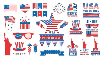 USA independence day bundle. Flags, red blue stars labels and banners. Isolated american symbols vector set