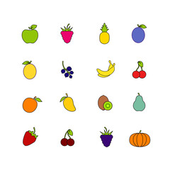 Set of fruit isoloted on white background. Healthy food collection. Flat style with stroke illustration. Icons of different fruit and berries