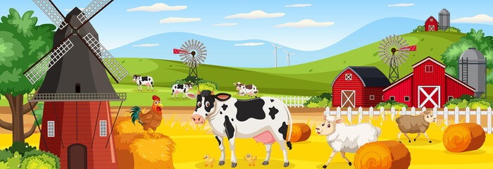 Farm horizontal landscape scene with farm animals