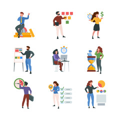 Business checklist. Office people characters with task list time management concept garish vector flat illustrations