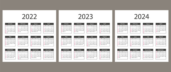Calendar for 2022, 2023, 2024 years. Week starts from sunday.