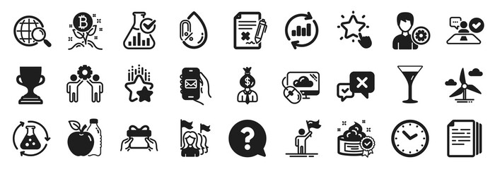 Set of Business icons, such as Ranking star, Cream, Windmill turbine icons. Bitcoin project, Time, Chemistry experiment signs. Leadership, Support, Reject file. No alcohol, Manager, Apple. Vector