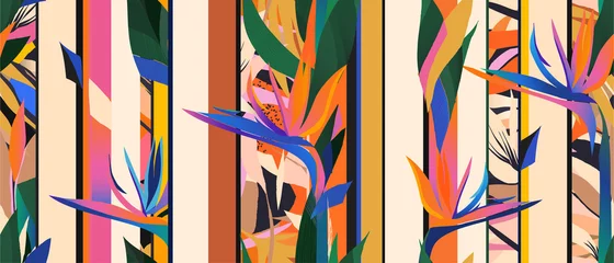  Moderne geometrische print van jungle bloemen. Collage eigentijds naadloos patroon. Modieuze sjabloon voor ontwerp. © Irina
