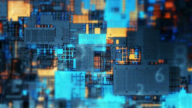 Futuristic visualization big data security digital numbers crypto process. Data stream abstract geometric technology background. Video 3D animation seamless loop.