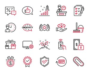 Vector Set of line icons related to Presentation time, Surprise boxes and Private payment icons. Development plan, Discounts and Feedback signs. Bucket with mop, Refund commission. Vector