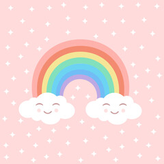 Rainbow with cute clouds and white stars on an isolated pink background. Vector illustration for fabrics, textiles, textures, wallpapers, posters. Childish fun print.