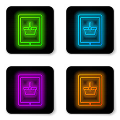 Glowing neon line Shopping basket on screen tablet icon isolated on white background. Concept e-commerce, e-business, online business marketing. Black square button. Vector Illustration