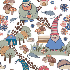 Seamless colorful vector illustration pattern of a gnomes with a houses in a forest in pastel tones