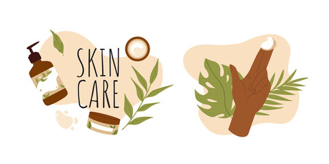 Skin care routine. Woman dark skin, natural cosmetic products. Korean cosmetics. Hands, face care supplies. Beauty procedures vector cartoon. Vegan, cruelty free, Natural organic eco herbal products