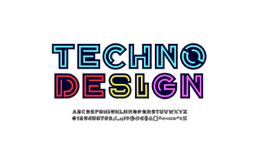 Tech multi colored original alphabet, trendy modern font, futuristic letters and numbers, vector illustration 10EPS
